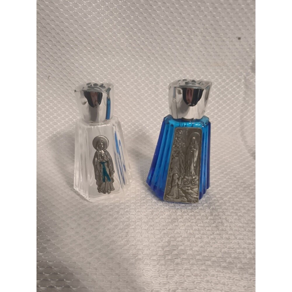 Vintage Catholic Holy Water Bottles Set of 2 Clear Cobalt Blue Glass Madonna